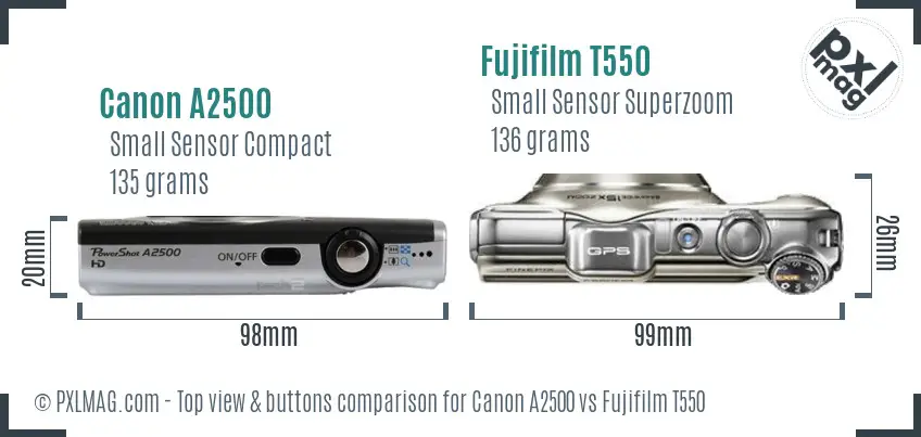 Canon A2500 vs Fujifilm T550 top view buttons comparison Canon A2500 vs Fujifilm T550 top view buttons comparison