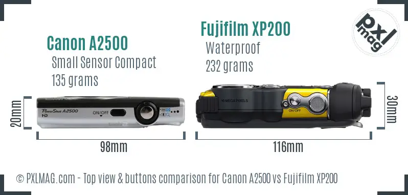 Canon A2500 vs Fujifilm XP200 top view buttons comparison