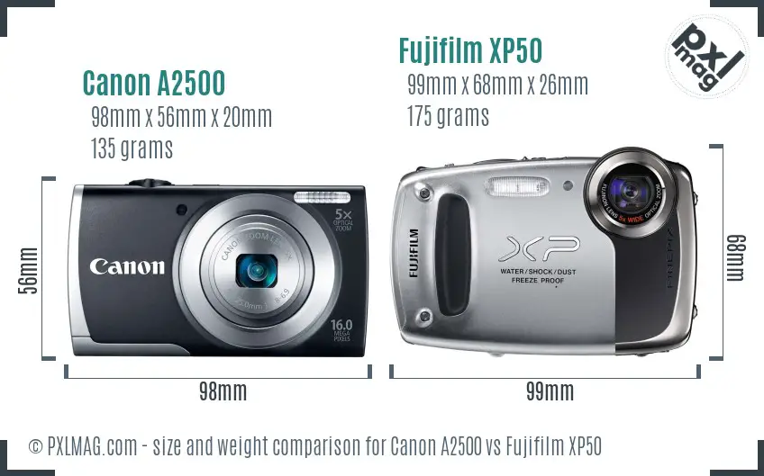 Canon A2500 vs Fujifilm XP50 size comparison