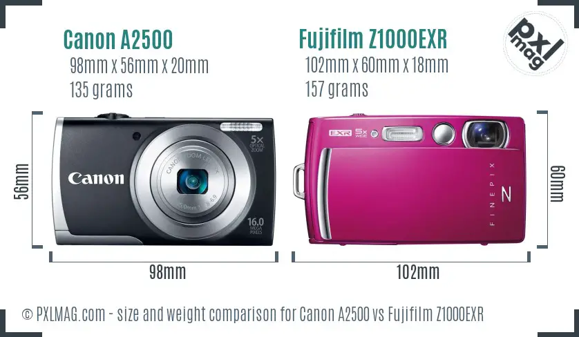 Canon A2500 vs Fujifilm Z1000EXR size comparison