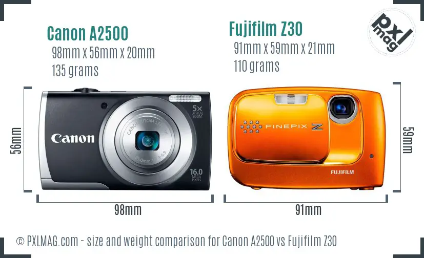 Canon A2500 vs Fujifilm Z30 size comparison