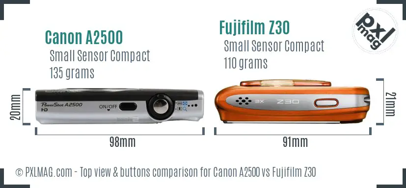 Canon A2500 vs Fujifilm Z30 top view buttons comparison