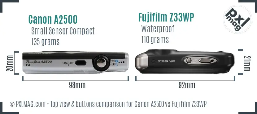 Canon A2500 vs Fujifilm Z33WP top view buttons comparison