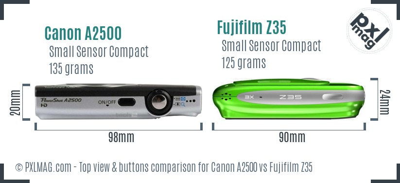 Canon A2500 vs Fujifilm Z35 top view buttons comparison