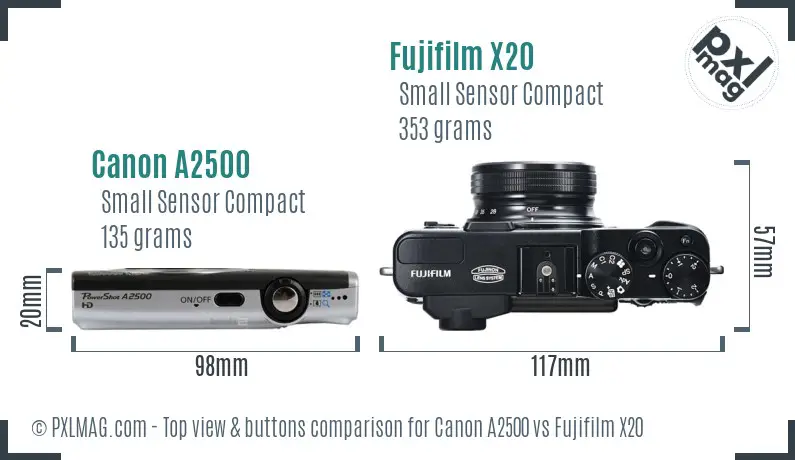 Canon A2500 vs Fujifilm X20 top view buttons comparison