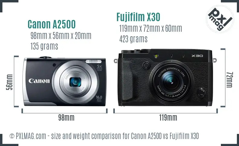 Canon A2500 vs Fujifilm X30 size comparison