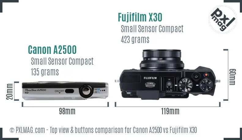 Canon A2500 vs Fujifilm X30 top view buttons comparison