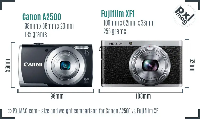 Canon A2500 vs Fujifilm XF1 size comparison