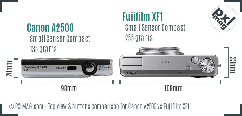 Canon A2500 vs Fujifilm XF1 top view buttons comparison