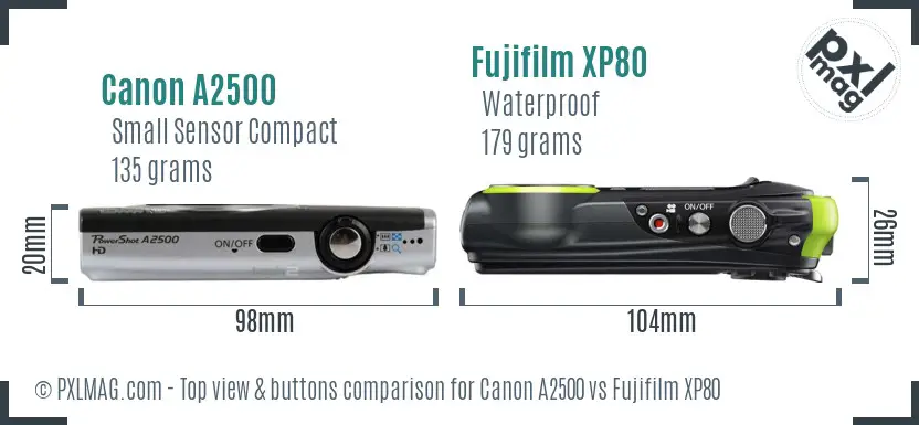 Canon A2500 vs Fujifilm XP80 top view buttons comparison