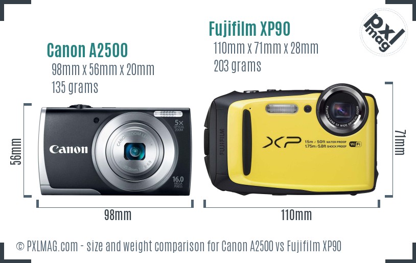Canon A2500 vs Fujifilm XP90 size comparison