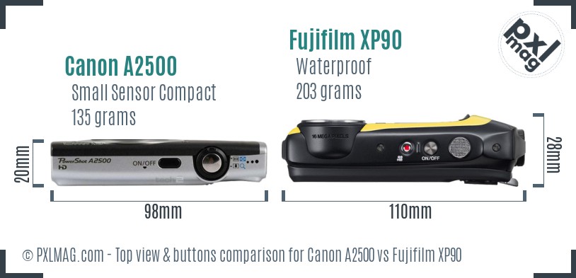 Canon A2500 vs Fujifilm XP90 top view buttons comparison