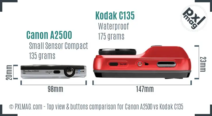Canon A2500 vs Kodak C135 top view buttons comparison