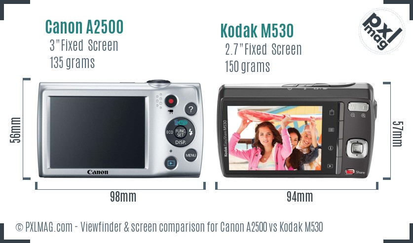 Canon A2500 vs Kodak M530 Screen and Viewfinder comparison