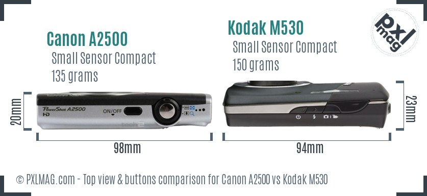 Canon A2500 vs Kodak M530 top view buttons comparison