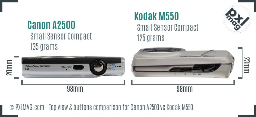 Canon A2500 vs Kodak M550 top view buttons comparison Canon A2500 vs Kodak M550 top view buttons comparison