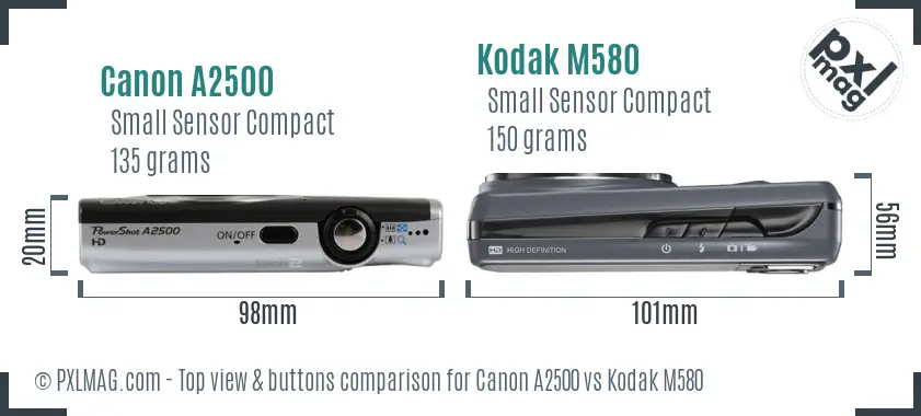 Canon A2500 vs Kodak M580 top view buttons comparison
