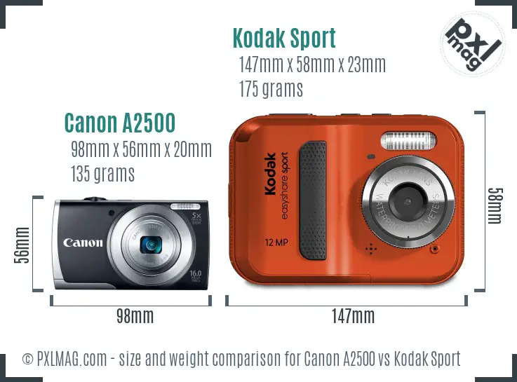 Canon A2500 vs Kodak Sport size comparison