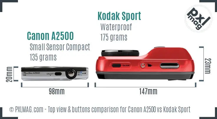 Canon A2500 vs Kodak Sport top view buttons comparison