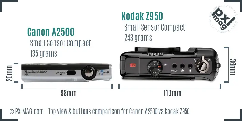Canon A2500 vs Kodak Z950 top view buttons comparison Canon A2500 vs Kodak Z950 top view buttons comparison