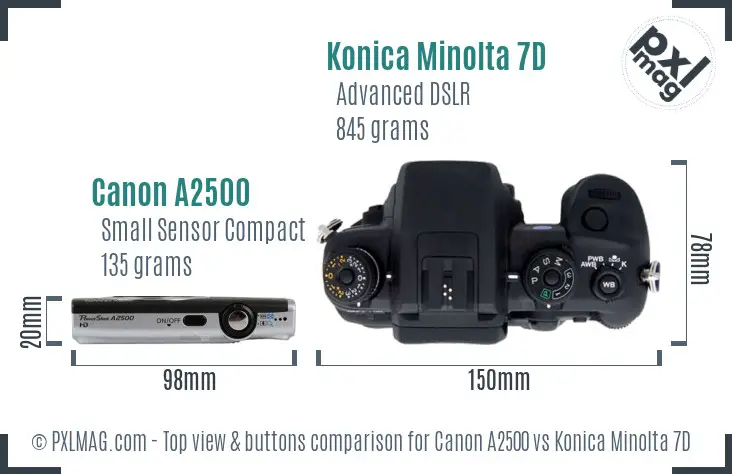 Canon A2500 vs Konica Minolta 7D top view buttons comparison