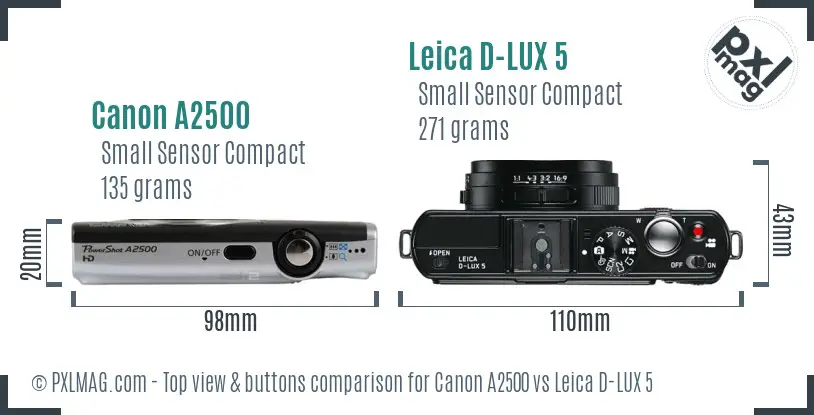 Canon A2500 vs Leica D-LUX 5 top view buttons comparison Canon A2500 vs Leica D-LUX 5 top view buttons comparison