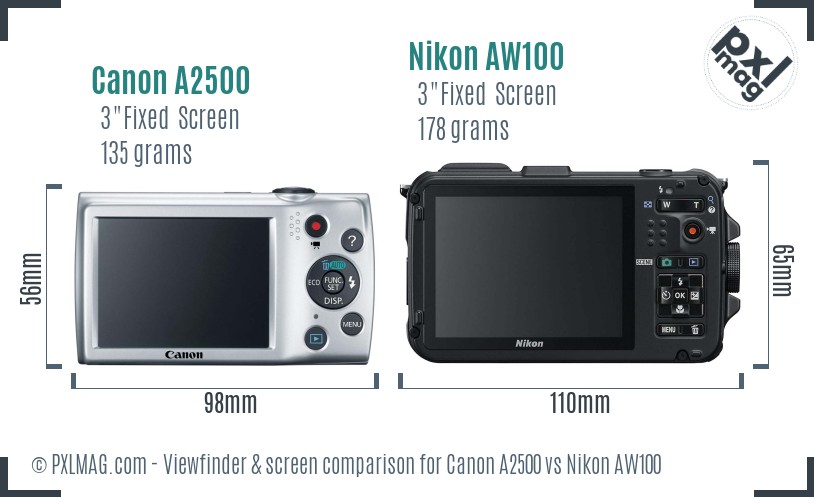 Canon A2500 vs Nikon AW100 Screen and Viewfinder comparison