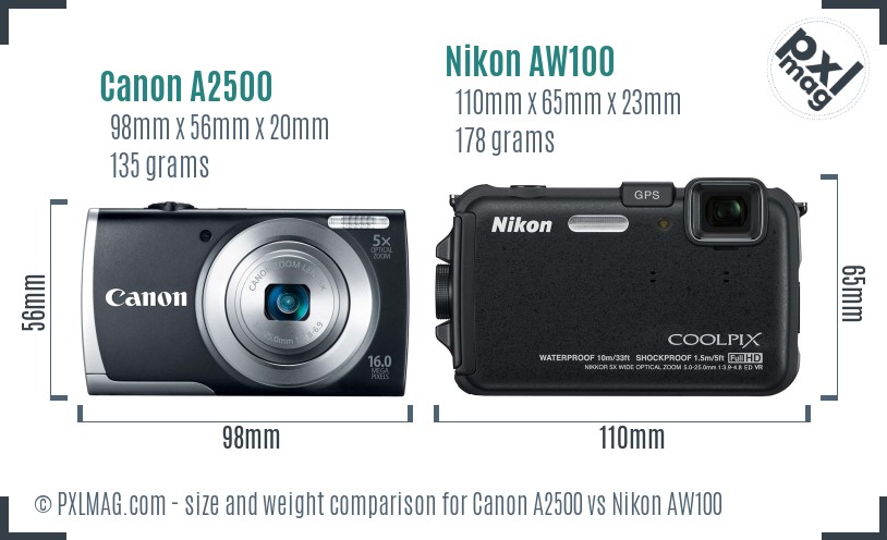Canon A2500 vs Nikon AW100 size comparison Canon A2500 vs Nikon AW100 size comparison