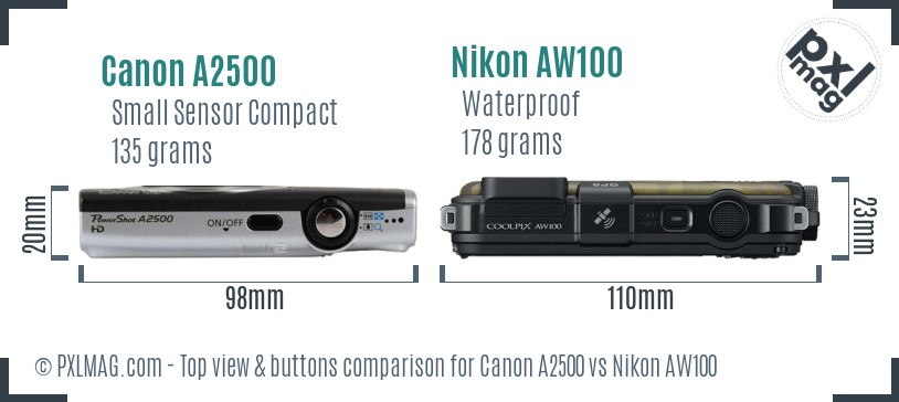 Canon A2500 vs Nikon AW100 top view buttons comparison