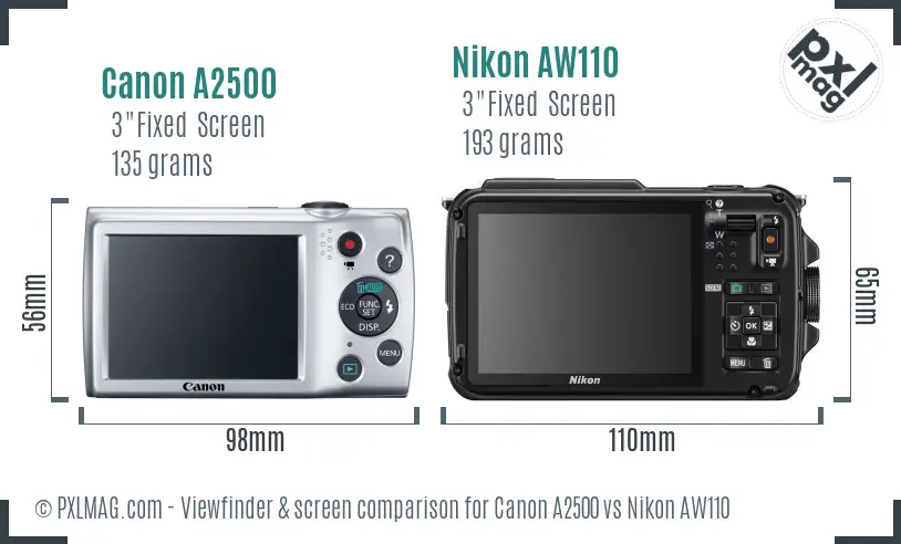 Canon A2500 vs Nikon AW110 Screen and Viewfinder comparison