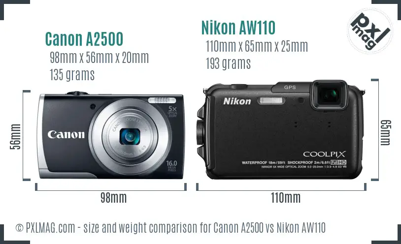 Canon A2500 vs Nikon AW110 size comparison