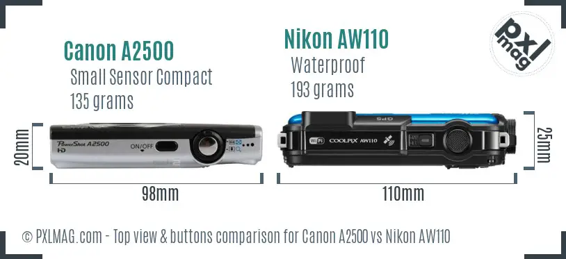 Canon A2500 vs Nikon AW110 top view buttons comparison