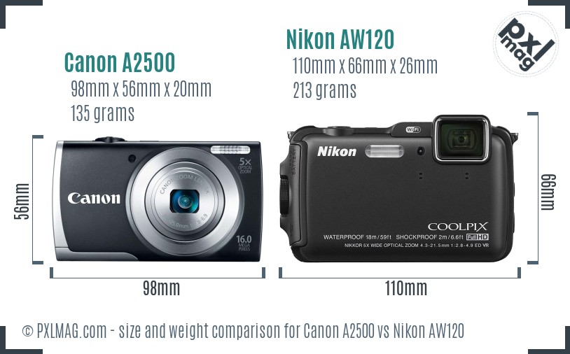 Canon A2500 vs Nikon AW120 size comparison Canon A2500 vs Nikon AW120 size comparison