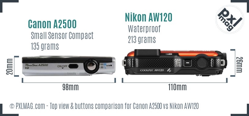 Canon A2500 vs Nikon AW120 top view buttons comparison