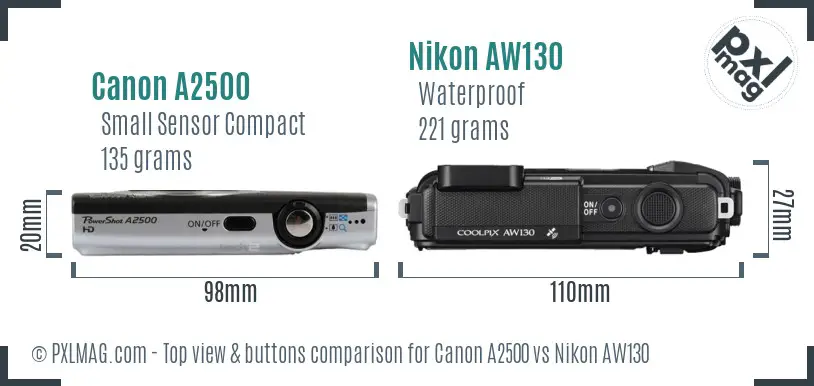 Canon A2500 vs Nikon AW130 top view buttons comparison Canon A2500 vs Nikon AW130 top view buttons comparison