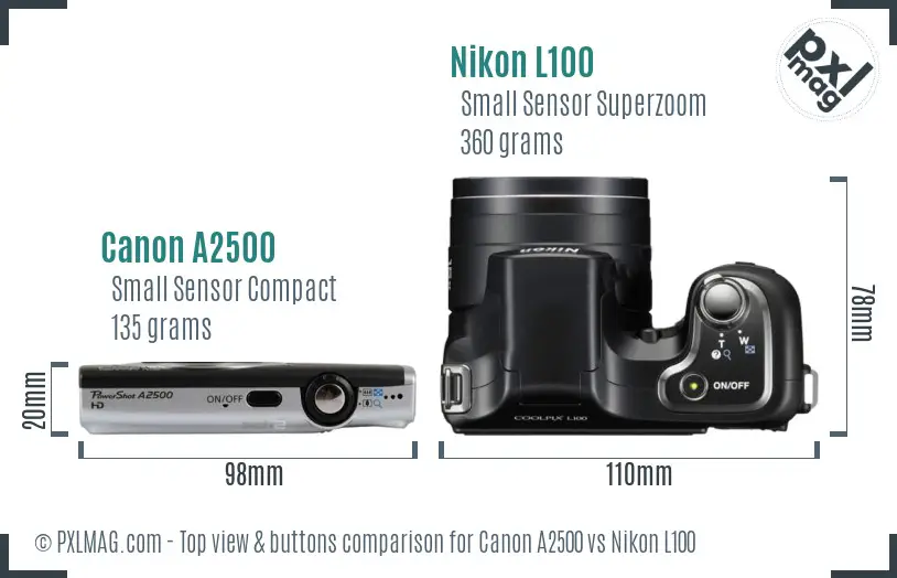 Canon A2500 vs Nikon L100 top view buttons comparison