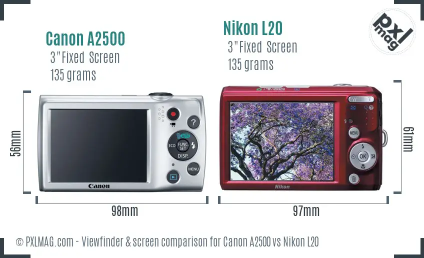 Canon A2500 vs Nikon L20 Screen and Viewfinder comparison