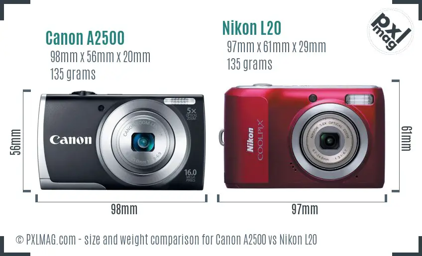 Canon A2500 vs Nikon L20 size comparison