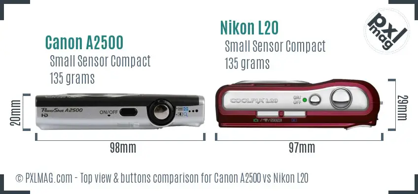 Canon A2500 vs Nikon L20 top view buttons comparison