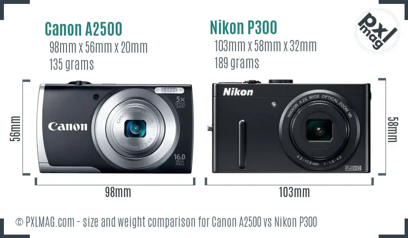 Canon A2500 vs Nikon P300 size comparison