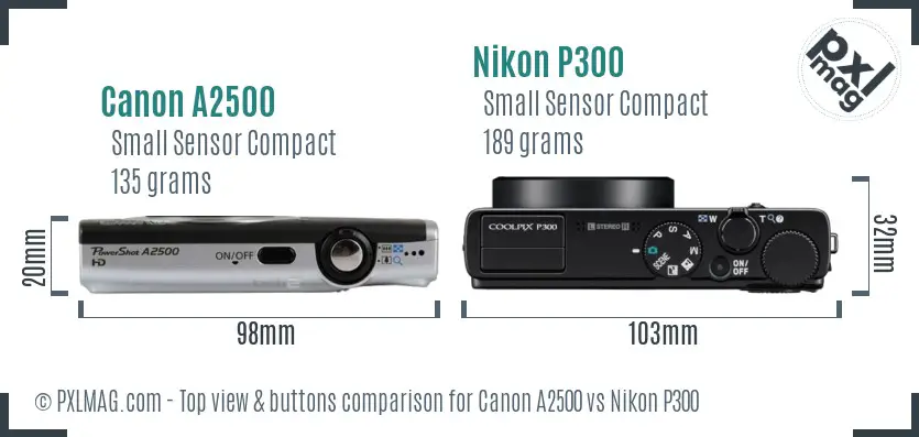 Canon A2500 vs Nikon P300 top view buttons comparison
