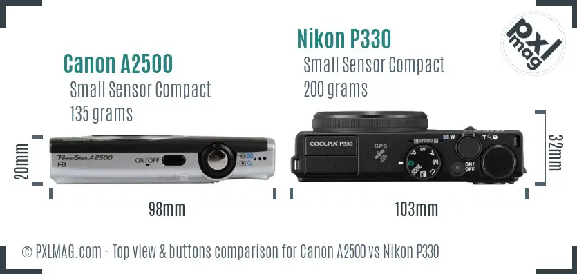 Canon A2500 vs Nikon P330 top view buttons comparison Canon A2500 vs Nikon P330 top view buttons comparison
