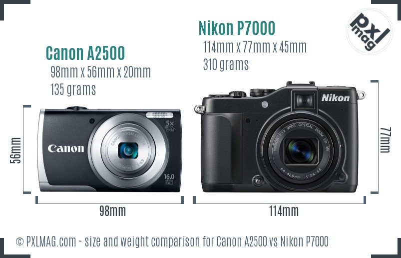 Canon A2500 vs Nikon P7000 size comparison
