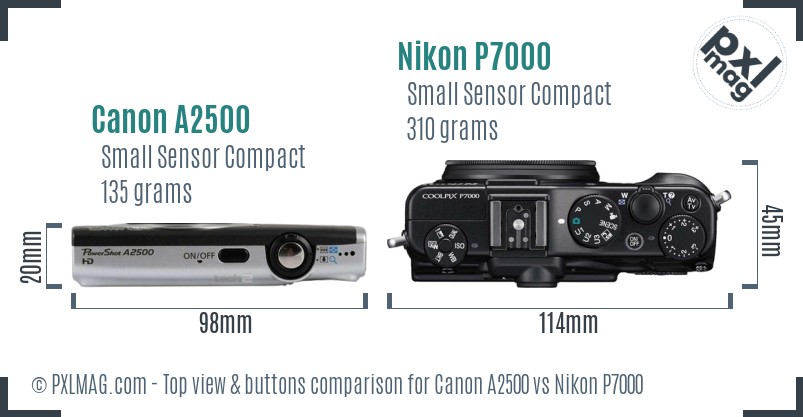 Canon A2500 vs Nikon P7000 top view buttons comparison