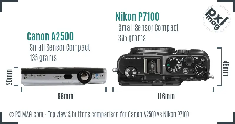 Canon A2500 vs Nikon P7100 top view buttons comparison