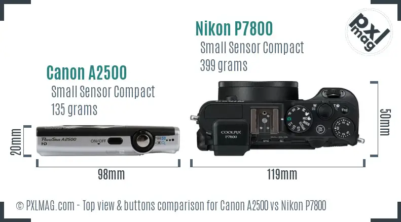 Canon A2500 vs Nikon P7800 top view buttons comparison
