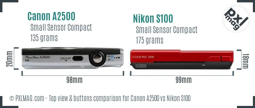 Canon A2500 vs Nikon S100 top view buttons comparison