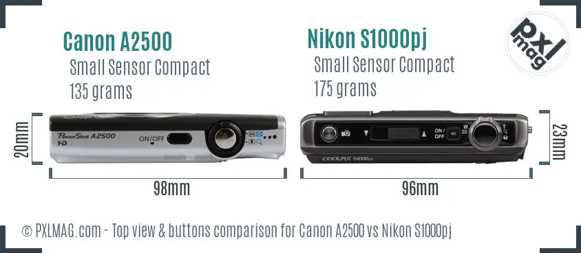 Canon A2500 vs Nikon S1000pj top view buttons comparison Canon A2500 vs Nikon S1000pj top view buttons comparison