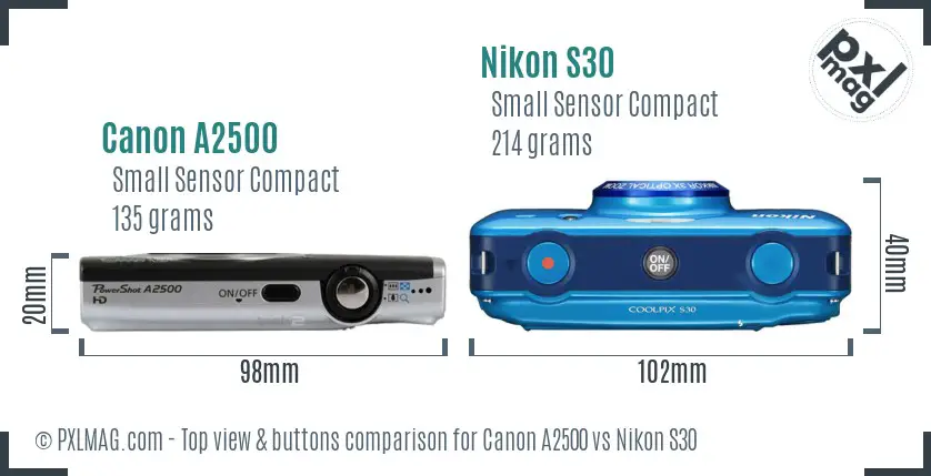 Canon A2500 vs Nikon S30 top view buttons comparison