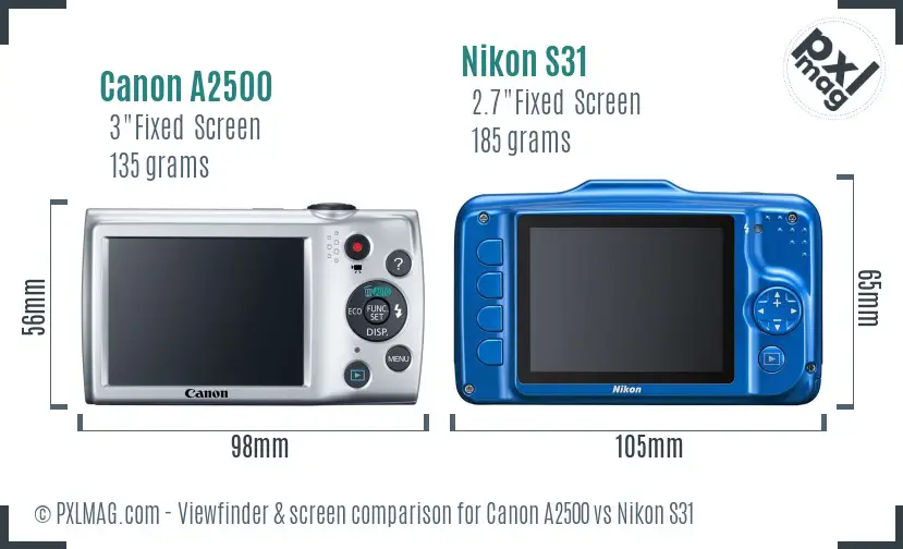 Canon A2500 vs Nikon S31 Screen and Viewfinder comparison
